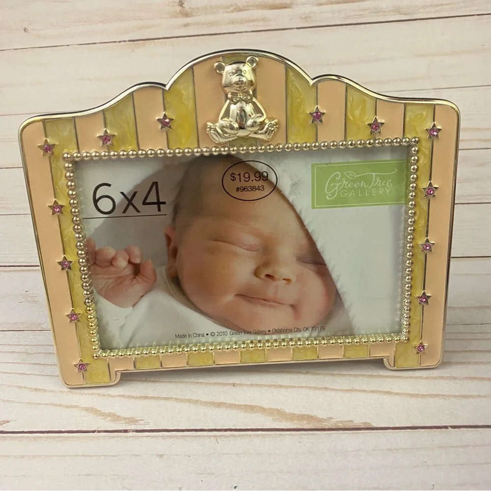 Green Tree Baby Photo Frame Enamel Rhinestone Easel Back Teddy Bear Stars 6x4”